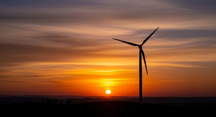 Obraz premium Wind Turbine Silhouette Against a Dramatic Sunset Sky.