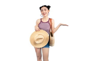 Happy woman ready for a vacation with a hat on PNG