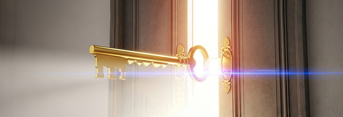 A golden key with a decorative design, opening a door with a light shining through, set against a dark background.