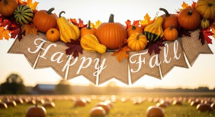 A festive pumpkin and squash display with a burlap banner reading 'Happy Fall'