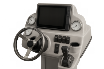 Boat console dashboard with steering wheel and navigation screen