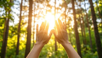 Hands Reaching for Sunlight in Forest with Lens Flare and Bokeh