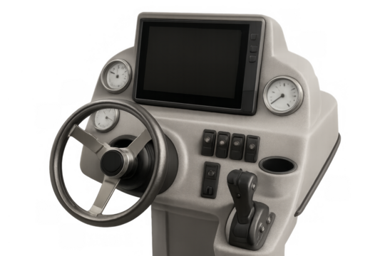 Boat console dashboard with steering wheel and navigation screen