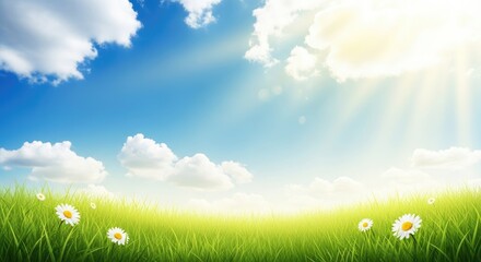 A vibrant green meadow with daisies and a blue sky with white clouds.