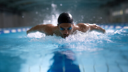 Male athlete swimming in pool lane, professional training for competition, concept of strength and discipline male athlete swimming, pool lane training, professional competition, s