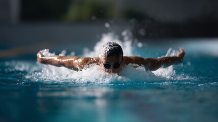 Backstroke swimming technique in professional pool, athlete training for championship, concept of focus and power backstroke swimming technique, professional pool training, athlete