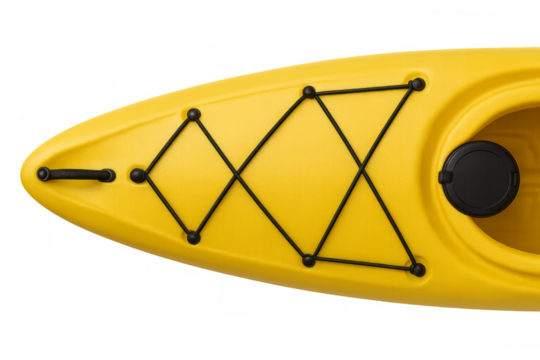 Yellow plastic kayak with deck rigging and storage hatch