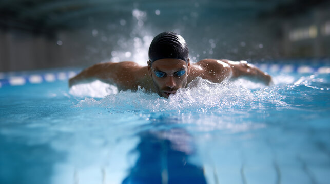 Male athlete swimming in pool lane, professional training for competition, concept of strength and discipline male athlete swimming, pool lane training, professional competition, s
