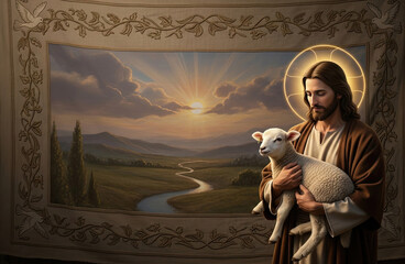 Jesus Christ holding a lamb in front of a beautiful sunset landscape.