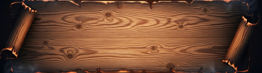 A wooden scroll with a burning edge, set against a dark background.