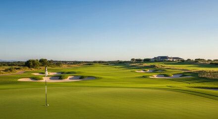 A golf course with green grass and sand bunkers, with a flag on the green.