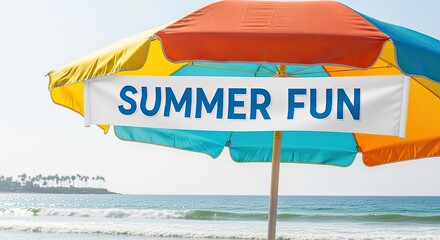 A colorful beach umbrella with a white banner reading 'SUMMER FUN' against a clear blue sky and ocean background.