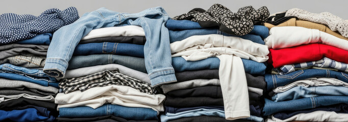 Stack of jeans and shirts in various colors and styles.