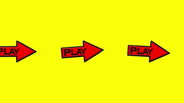 A classic 2D cartoon style red arrow pointer with the word PLAY written inside it, moving horizontally across the frame. Set against a bright solid yellow backdrop, this motion graphic asset serves as