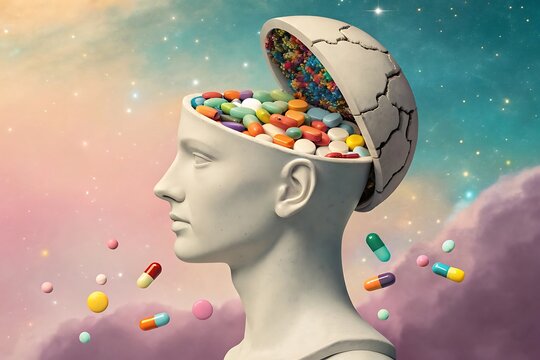 Sculpted head filled with colorful pills and floating capsules - Powered by Adobe