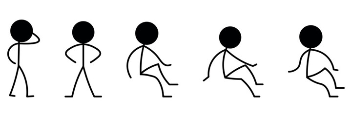 Stickman silhouette vector set showing simple human poses including standing, thinking, hands on hips, walking, sitting, and relaxing positions.
