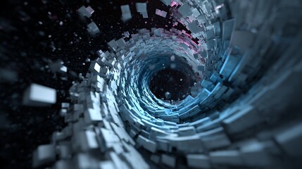 A mesmerizing tunnel of digital blocks creates an immersive and futuristic experience, showcasing technological advancement