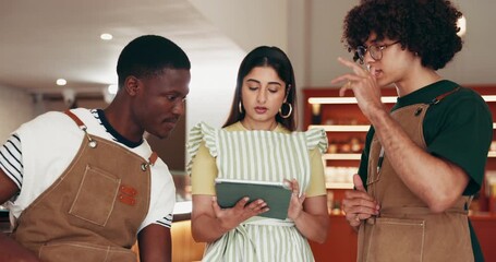 Team, discussion or research in cafe with tablet for business growth, online system or digital app. People, manager or employees in diner with tech for conversation, idea planning and development.