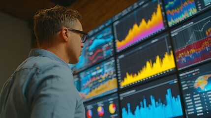 Young man in glasses analyzes complex financial data displayed on multiple glowing screens in a dimly lit room