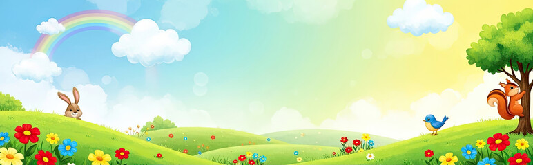 A colorful spring landscape with a rabbit, squirrel, and bird in a meadow with flowers and a rainbow.