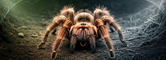 A tarantula spider on a dark surface with webbing.