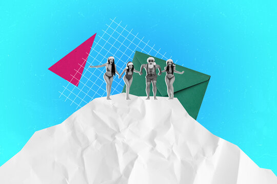 Photo collage sketch of envelope sms christmas tradition happy newyear winter team santa claud tree young lady celebrate vacation swimwear