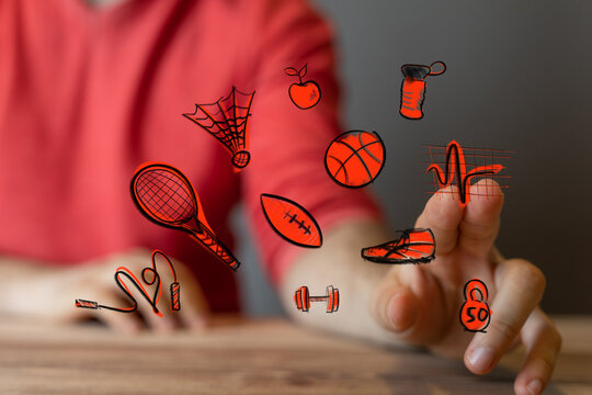 A futuristic digital interface displays various sports and fitness equipment icons, representing health, wellness, and an active lifestyle throu - Powered by Adobe