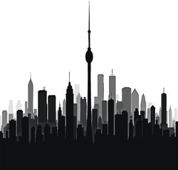 Black silhouette of city skyline with communication tower and buildings white background.




