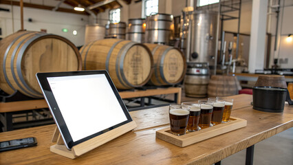 Tablet in Microbrewery Tasting Room: A tablet with a blank white screen on a brewery tasting table, showing a craft beer app placeholder, with beer flights and wooden barrels, artisanal vibe.
