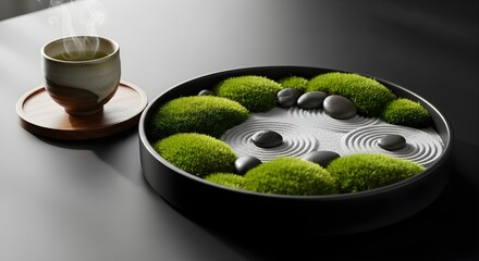 A minimalist composition featuring a steaming ceramic teacup on a wooden coaster next to a tranquil Japanese rock garden with moss and smooth stones, soft light casting gentle shadows