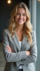 Confident woman smiling in a modern office setting