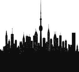 Black silhouette of city skyline with communication tower and buildings white background.




