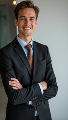 Confident businessman smiling in a sleek office environment