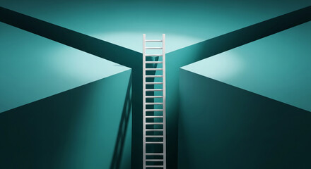 White ladder spanning a chasm between teal walls, representing solution, challenge, and overcoming obstacle in a minimalist, geometric composition