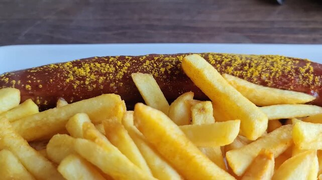 Traditional german currywurst with french fries