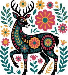 Fototapeta premium Colorful Ornate Deer in Folk Art Style with Intricate Floral Patterns