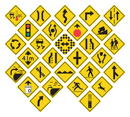 Large Collection of Yellow Road Traffic Warning Signs Vector Icons