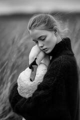A woman is holding a swan in her arms
