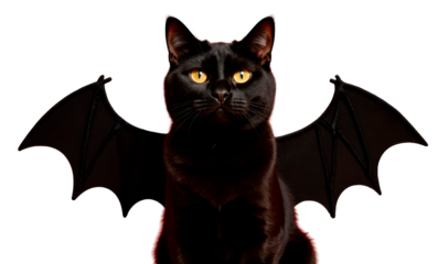 Black cat with bat wings on a transparent background