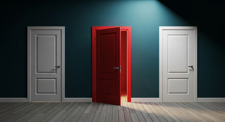 Naklejka premium Three doors stand against a dark wall, the center one partially open, colored red, suggesting choice, decision, opportunity, and hidden potential