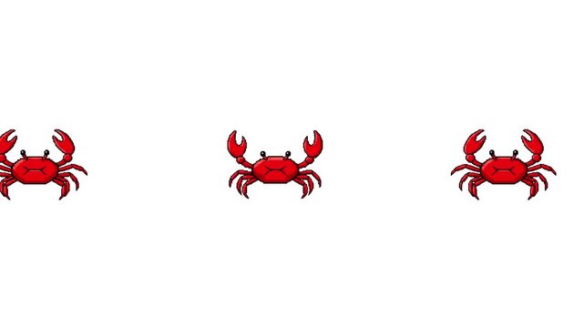 Three cute red cartoon crabs raise their claws and march in place in a seamless looping animation against a clean white background. Ideal for children's content, summer graphics, seafood menus, and pl