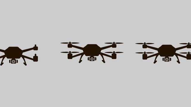 A clean, centered silhouettes of a modern quadcopter or multicopter drone with an attached camera gimbal. The neutral grey background emphasizes the sleek technical outline of the device,
