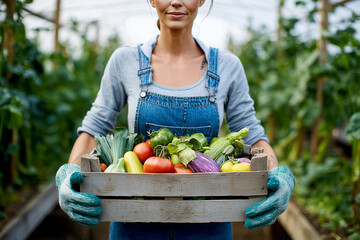 A woman is holding a crate of vegetables in a greenhouse