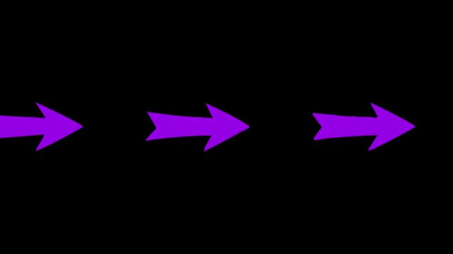 A clean 2D vector animation showing neon purple navigation arrow pointers tracking to the right side. The high-contrast minimalist interface element loops seamlessly on a black background.