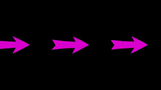 A vibrant pink arrows moves horizontally across a dark backdrop to indicate direction or progress. This minimalist 2D animation is ideal for navigation cues, UI elements, and transition effects.