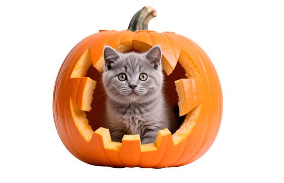 halloween pumpkin with a cat sitting inside isolated on white background