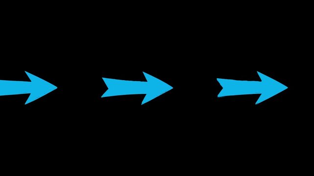 Bright cyan blue arrows moving in a steady stream from left to right on a solid black field. This modern motion graphic is ideal for technology showcases, progress indicators, and futuristic user inte