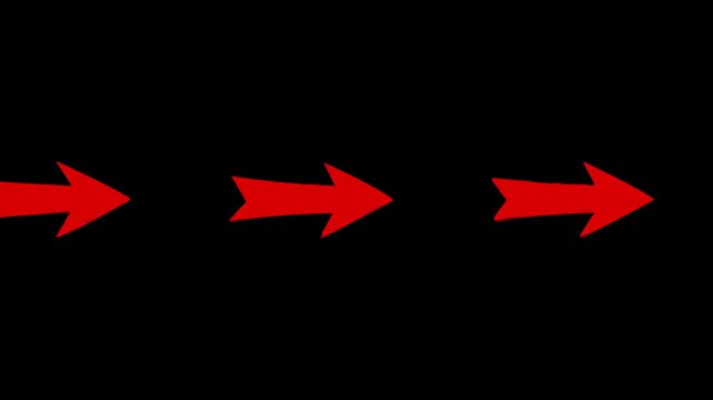 Bold red 3D arrow moving seamlessly in a continuous loop against a solid black background. Designed for high-contrast video editing, direction indicators, user interface design, cursor pointers, warni