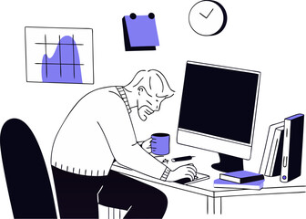 Man with blonde hair and beard working at desk with computer and books vector