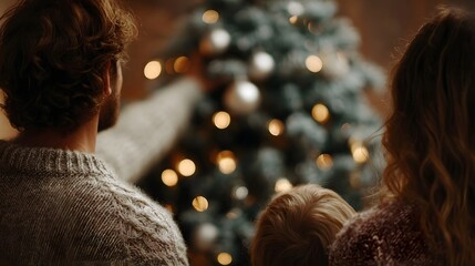 A family gathers together to decorate a Christmas tree illuminated by warm lights in a cozy home setting